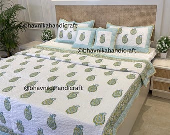 Hand Block Floral Printed Queen Comforter, Soft Summer Blanket Lightweight Boho Throw Bedspread Coverlet Indian Reversible Quilt