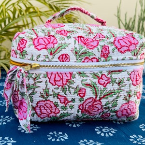 Handblock Kosmetiktasche Floral gesteppte Baumwolle Make-up-Tasche mit großem Griff, Kosmetiktasche, Make-up-Tasche mit großer Kapazität, Make-up-Organizer
