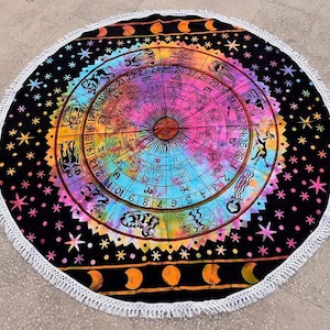 Tapeçaria de parede redonda em algodão indiano com mandala degradê, estilo hippie boho, decoração de parede boho - Toalha de mesa estilo mediterrâneo com pavão