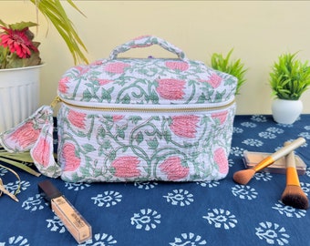 Large Cotton Quilted Cosmetic Bag | Hand Block Printed Vanity Makeup Bag | Pouch Bag | Toiletry Bag | Travel Organizer Accessory Bag