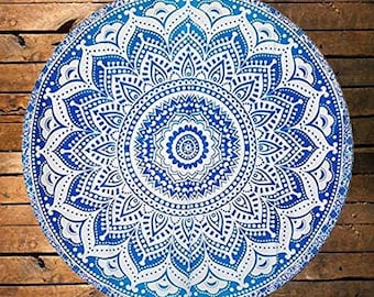 Mandala Baumwolle Wandteppich, Boho Runde Tischdecke Strand Roundie, 48 "runder Wandteppich, Pfauenfeder Tischdecke Runde Tischdecke für die Küche