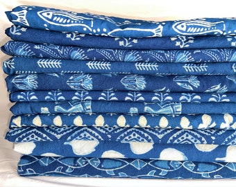 Indian Handmade Natural 100% Cotton Fabric - Indigo Blue Hand Printed Fabric - Blue Fabric Bundle, Indian Fabric Bundle