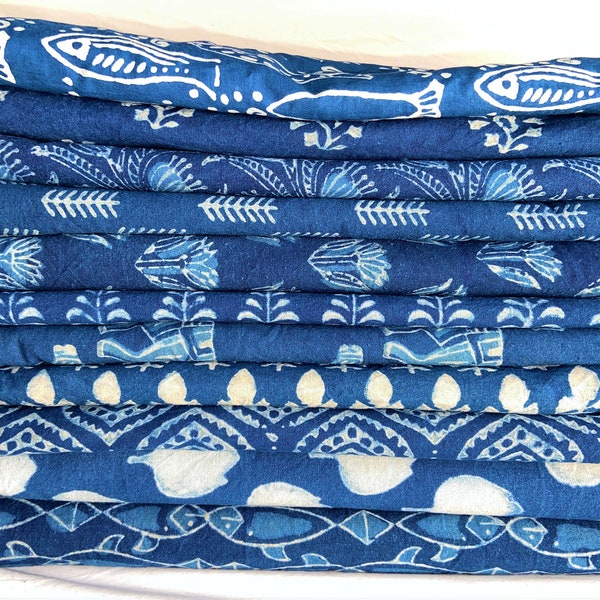 Tissu indien 100 % coton naturel fait main - Tissu imprimé à la main bleu indigo - Lot de tissus bleu, lot de tissus indiens