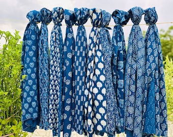 Indigo Blue Block Print Bohemian Pareo Wrap Sarongs Beach Cover Up Summer Scarves