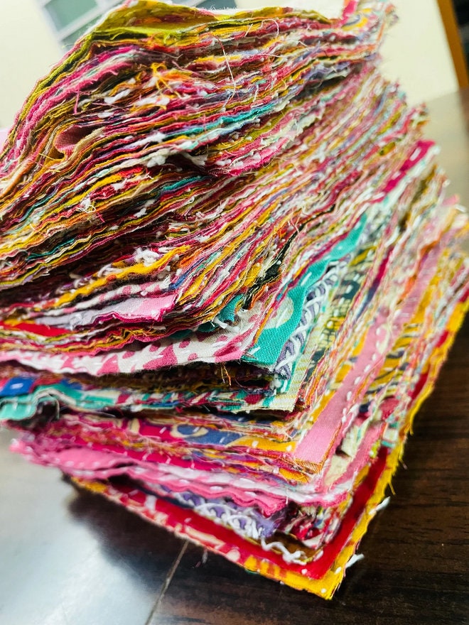 Boho Vintage Charm Pack: 50 pc Kantha Scrap Fat Quarter Bundle - Pre-Cut Indian Sari Fabric Squares for Kantha Quilts and Creative Crafts