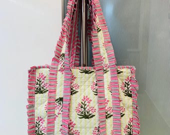 Quilted Tote Bags | Boho Cotton Shoulder Purse | Handmade Block Print Bag | Soft Fabric Eco Tote | Everyday Carryall Bag