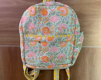 Bolso acolchado de algodón estampado en bloque de mano con estampado floral para niños y adultos, mochila de gran capacidad, mochila escolar