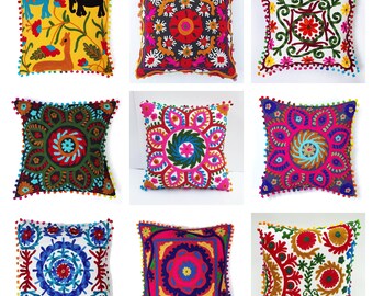 India Pillow Cover, 16x16, 18x18, 20x20, 22x22, 24x24 Embroidered Cushion Cover Throw Pillows Suzani Pillow Covers Indian Boho Pillow Covers