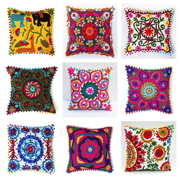 India Pillow Cover, 16x16, 18x18, 20x20, 22x22, 24x24 Embroidered Cushion Cover Throw Pillows Suzani Pillow Covers Indian Boho Pillow Covers