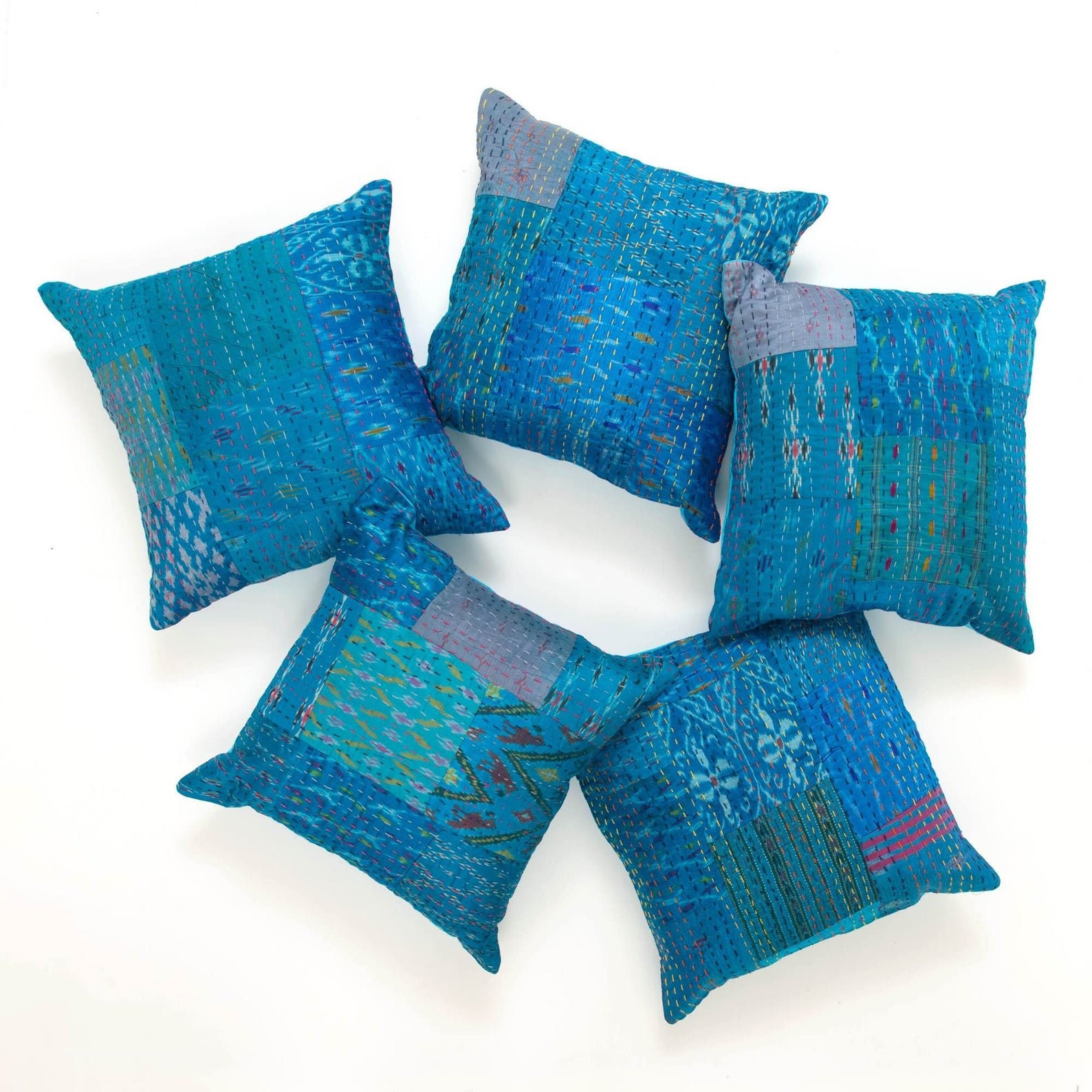 Set Of 5 Patchwork Kantha Pillow Cover Patola Silk Sari Etsy