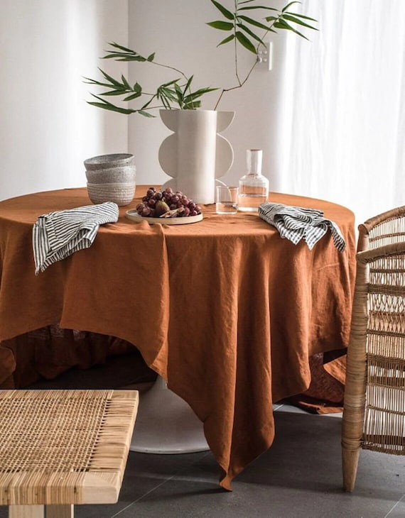 Round Cotton Tablecloth. Washed Soft Cotton Table Cloth. Rust Brown Stonewashed Cotton Custom Size tablecloth. Rust Brown Dining tablecloth