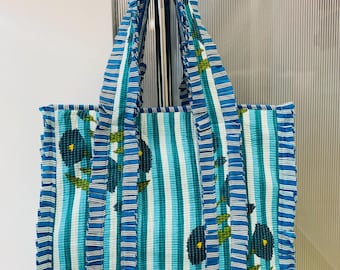 Hand Block Quilted Ruffle Tote Bag | Handmade Shopping Shoulder Grocery Bag | 100% Cotton Fabric Totes| Boho Eco-Friendly Bag | Gift for Her