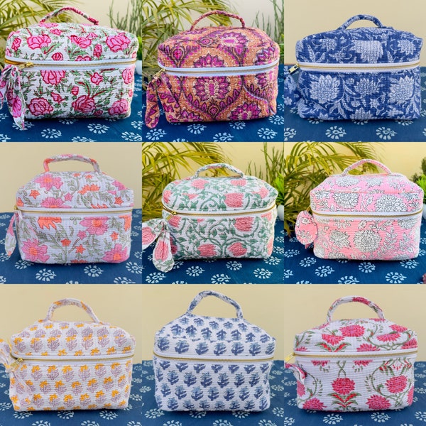 Handblock Vanity Bag Floral Quilted Cotton Large Handle Makeup Bag, Cosmetic bag, Large Capacity Makeup Bag, Makeup Toiletry Organizer