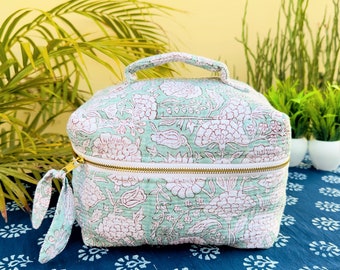 Large Cosmetic Makeup Bags For Women | Cotton Quilted Vanity Bags | Makeup Organizer Toiletry Pouch Bag | Travel Bag | Gift For Her