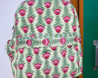 Bolso acolchado de algodón estampado en bloque de mano con estampado floral para niños y adultos, mochila de gran capacidad, mochila escolar