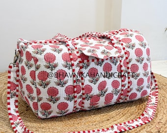 Large Cotton Quilted Duffle Tote Shoulder Bag, Floral Print Washable Overnight Bag, Eco friendly Yoga Shopping Beach Boho Weekender Bags