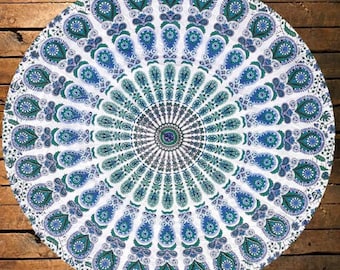Okrągły obrus na stół w stylu boho, indyjski, mandala, obrus w stylu pawiego Faither, kuchnia w stylu śródziemnomorskim, okrągły obrus w stylu boho