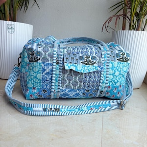Blue Floral Quilted Duffle Bag, Patchwork Weekender Bag, Travel Bag for Women, Overnight Carry On Bag, Handmade Cotton Boho Tote