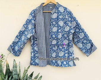 Veste matelassée bleue à imprimé floral, veste matelassée indienne en tissu imprimé HandBlock, kimono court, femme portant un manteau à fleurs nouveau style