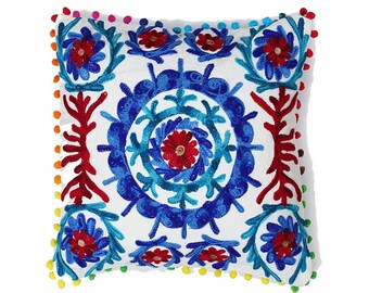 Federa Per Cuscino Kantha Fatta A Mano - Cotone Indiano Con Ricamo Uccello E Pavone - 50x50 Cm - Blu - 2