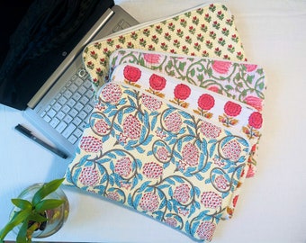 Quilted Cotton iPad Pouch, Block Print Laptop Sleeve, Macbook Air 15 Inch Laptop Bag / Keyboard Portable Protective Bag For Sale