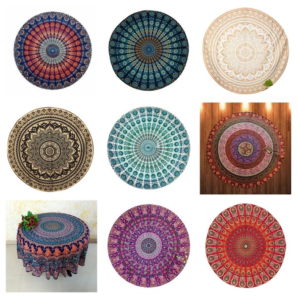 Boho Mandala Round Tablecloth Indian Peacock Feather Design Mediterranean Style Kitchen Table Cover, Vibrant and Artistic Fabric Table Cloth