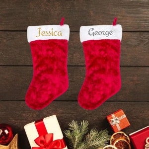 Personalised Christmas Stocking Fluffy White Top, Personalized Family Stocking, Red Velvet Stockings, Holiday Stocking Monogram Stocking UK