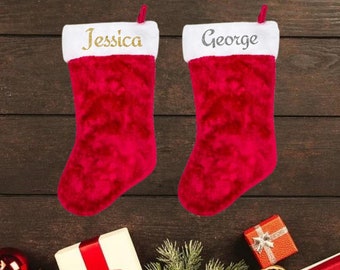 Personalised Christmas Stocking Fluffy White Top, Personalized Family Stocking, Red Velvet Stockings, Holiday Stocking Monogram Stocking UK