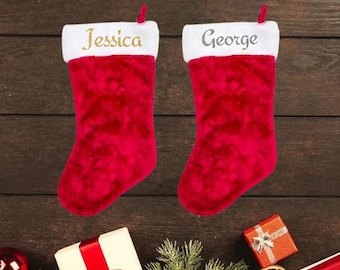 Personalised Christmas Stocking Fluffy White Top, Personalized Family Stocking, Red Velvet Stockings, Holiday Stocking Monogram Stocking UK