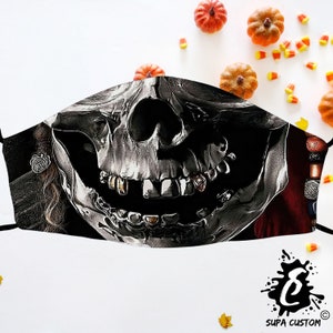 Robotic Skull Face Mask Made in UK Adult Size With Filter Pocket Washable Breathable Reusable Halloween Face Covering Adjustable Ear-Loops