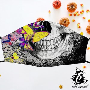 Cute Skull Face Mask Made in UK Adult Size With Filter Pocket Washable Breathable Reusable Halloween Face Covering With Adjustable Ear-Loops