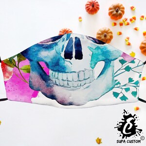 Flower Skull Face Mask Made in UK Adult Size With Filter Pocket Washable Breathable Reusable Cotton Face Covering With Adjustable Ear loops
