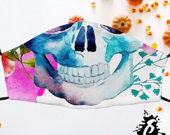Flower Skull Face Mask Made in UK Adult Size With Filter Pocket Washable Breathable Reusable Cotton Face Covering With Adjustable Ear loops