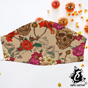 Cute Skull Flower Face Mask Made in UK Adult Size With Filter Pocket Washable Breathable Reusable Face Covering With Adjustable Ear-Loops UK