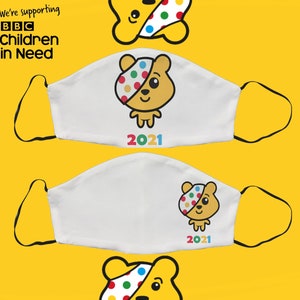 Pudsey 2021 Face Mask, Animated Pudsey Mask, Cotton, Funny Charity Facemask, Adjustable Face Covering, Filter Pocket, Gift For Him Her UK