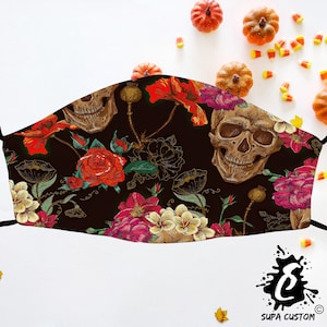 Cute Flower Skull Face Mask Made in UK Adult Size With Filter Pocket Washable Breathable Reusable Face Covering With Adjustable Ear-Loops UK