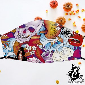 Graphic Skull Face Mask Made in UK Adult Size With Filter Pocket Washable Breathable Reusable Cotton Face Covering With Adjustable Ear-Loops