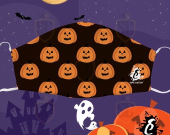 Maschera facciale di Halloween alla zucca spaventosa. Tripli strati di cotone con tasca filtrante. Zucca Maschere viso autunnali. Rivestimento viso lavabile. Riutilizzabile. REGNO UNITO