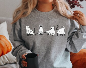 Ghost Cat Sweatshirt, Halloween Crewneck, Cat Sweatshirt, Ghost Shirt, Halloween Cat Shirt, Cat Lover Shirt, Black Cat Sweater,Spooky Season