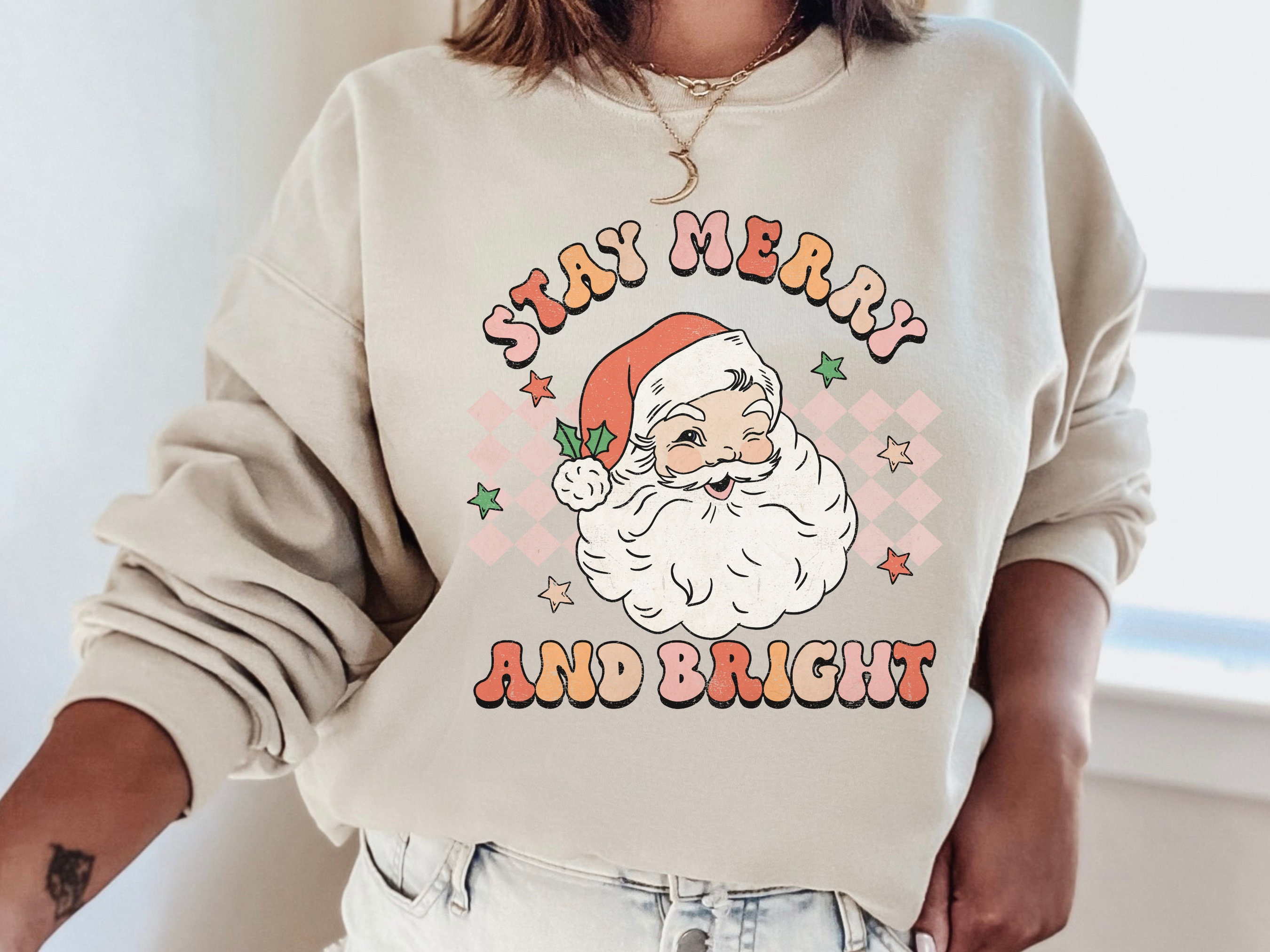 Merry and Bright Sweatshirt, Retro Santa Claus Christmas Crewneck, Holiday  Apparel, Xmas Sweatshirt, Trendy Clothes, Christmas Party Sweater 