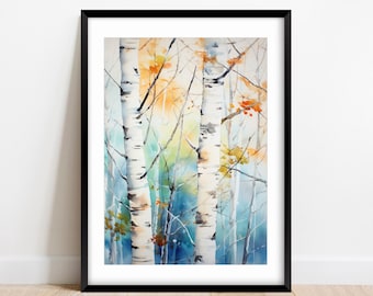 Watercolor birch, trees painting, birches print, fall decor, birch tree art