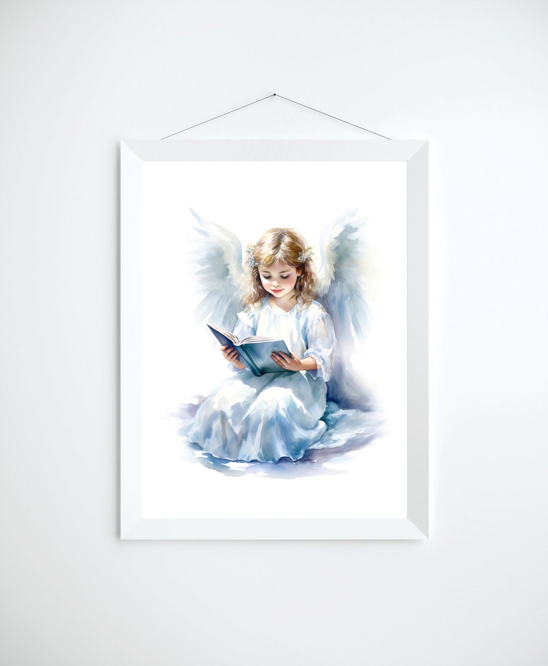 Reading Angel Watercolor Art Print - Little Girl Angel in Blue Dress ...