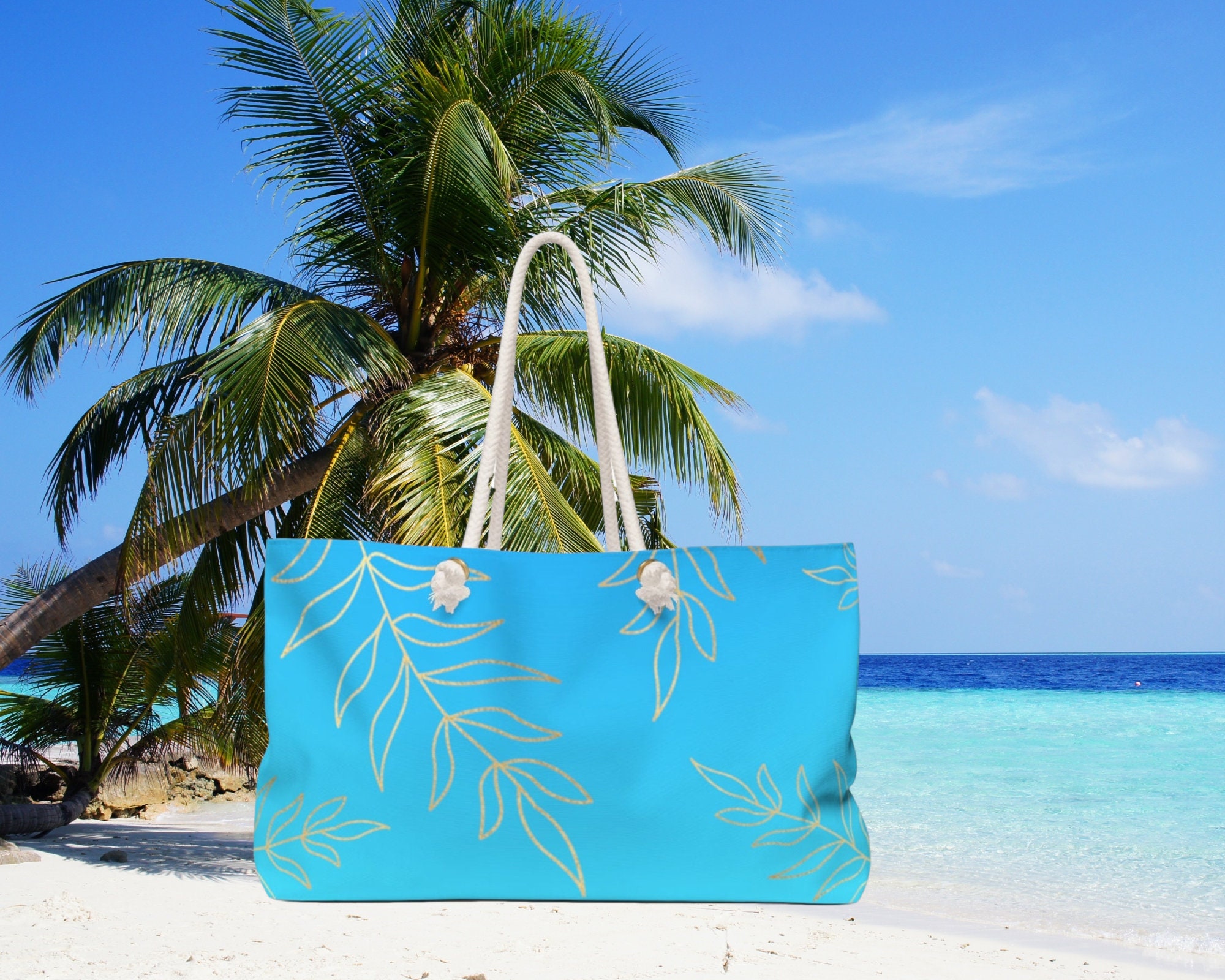 Tropical leaf weekender bag Tropical travel bag Beach blue Etsy