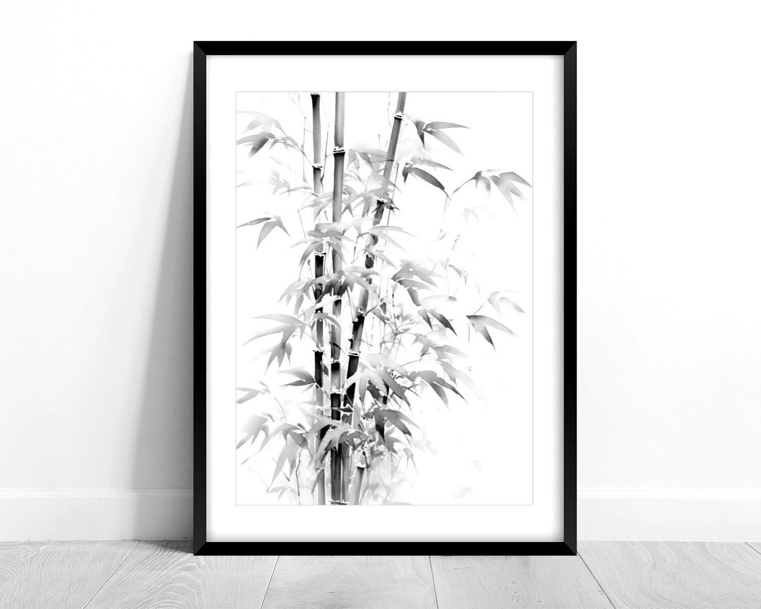 Japanese Art, Bamboo Illustration, Zen Art, Black White, Watercolor