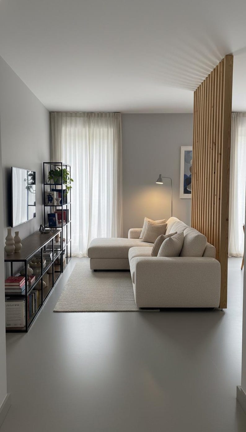 Peut inclure: Un salon comprenant un canap&eacute; d'angle couleur cr&egrave;me avec une m&eacute;ridienne, une &eacute;tag&egrave;re en m&eacute;tal noir avec des livres et de la d&eacute;coration, une console en bois fonc&eacute;, un tapis clair et un s&eacute;parateur de pi&egrave;ce &agrave; lattes de bois verticales.