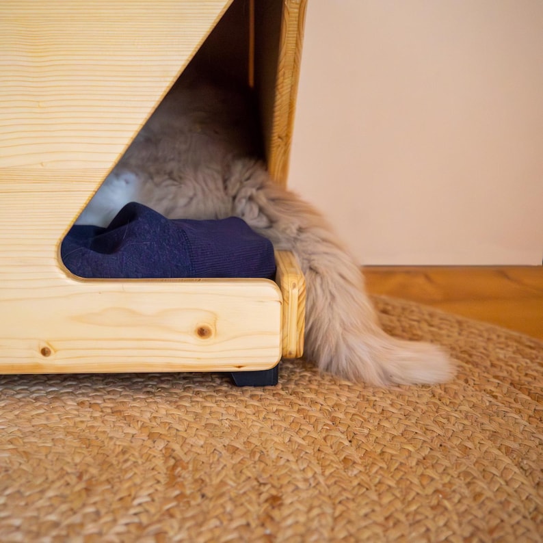 Pu&ograve; includere: Un letto per animali domestici in legno marrone chiaro con una coperta blu all'interno. Un gatto &egrave; sdraiato sul letto con la coda che pende.