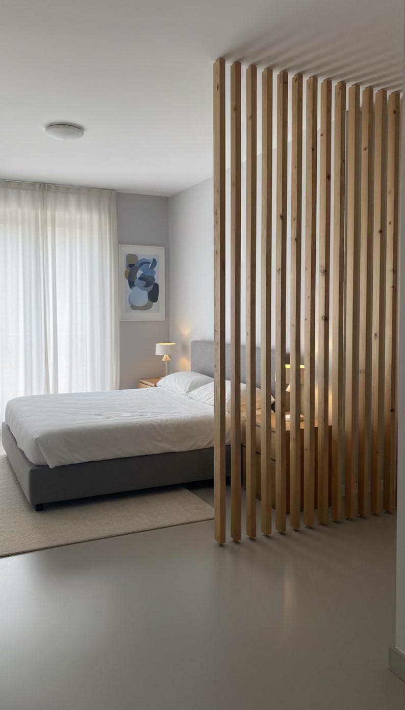 Peut inclure: Un s&eacute;parateur de pi&egrave;ce compos&eacute; de lattes de bois clair verticales dispos&eacute;es en parall&egrave;le. Le s&eacute;parateur se trouve entre un espace chambre comprenant un cadre de lit gris, une literie blanche, une table de chevet avec lampe et une &oelig;uvre murale.