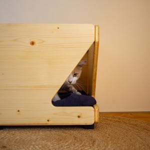 Pu&ograve; includere: Un letto per gatti in legno chiaro con un gatto che sporge dall'interno. Il letto ha una fodera in tessuto blu e un'apertura triangolare.