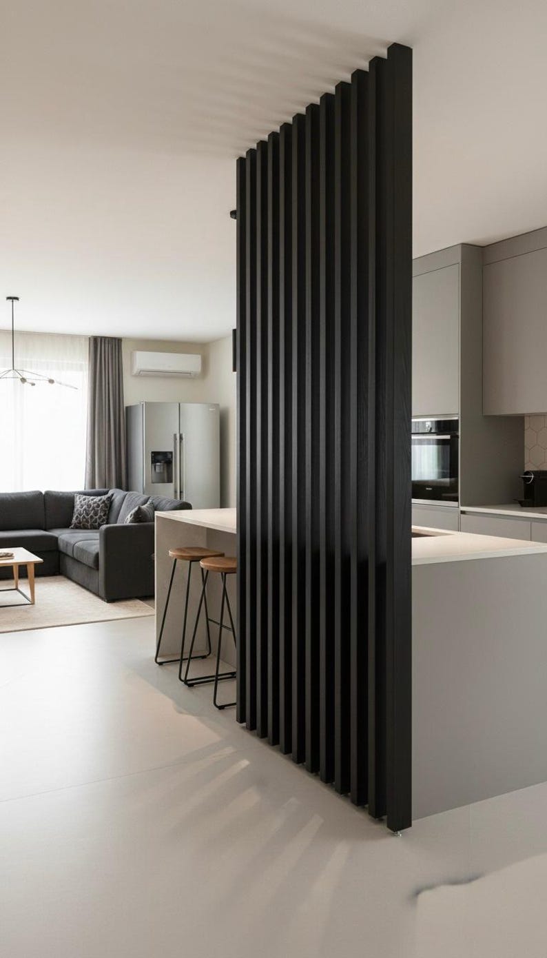 Peut inclure: Un s&eacute;parateur de pi&egrave;ce du sol au plafond compos&eacute; de lattes de bois verticales noires. La structure se situe entre un espace cuisine avec un &icirc;lot gris clair et un salon comprenant un canap&eacute; d'angle gris fonc&eacute; et une table basse claire.