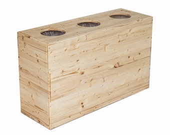 Contenedor de basura de madera de 3x100 LT para reciclaje, muebles sostenibles, muebles de madera hechos a mano, diseño ecológico